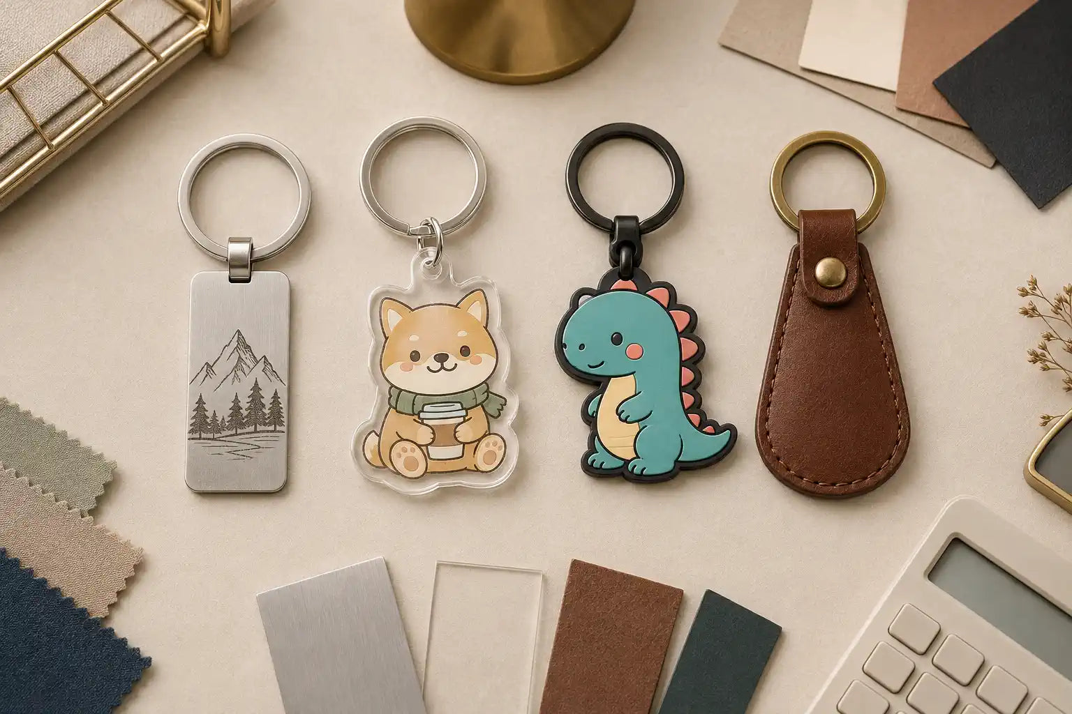 bulk custom keychains compared by metal acrylic PVC leather quantity and budget