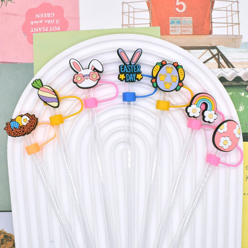 Wholesale Random 100pcs Easter Cartoon Bunny 10mm PVC Soft Straw Tube Cap ACC-SCR-RYY146