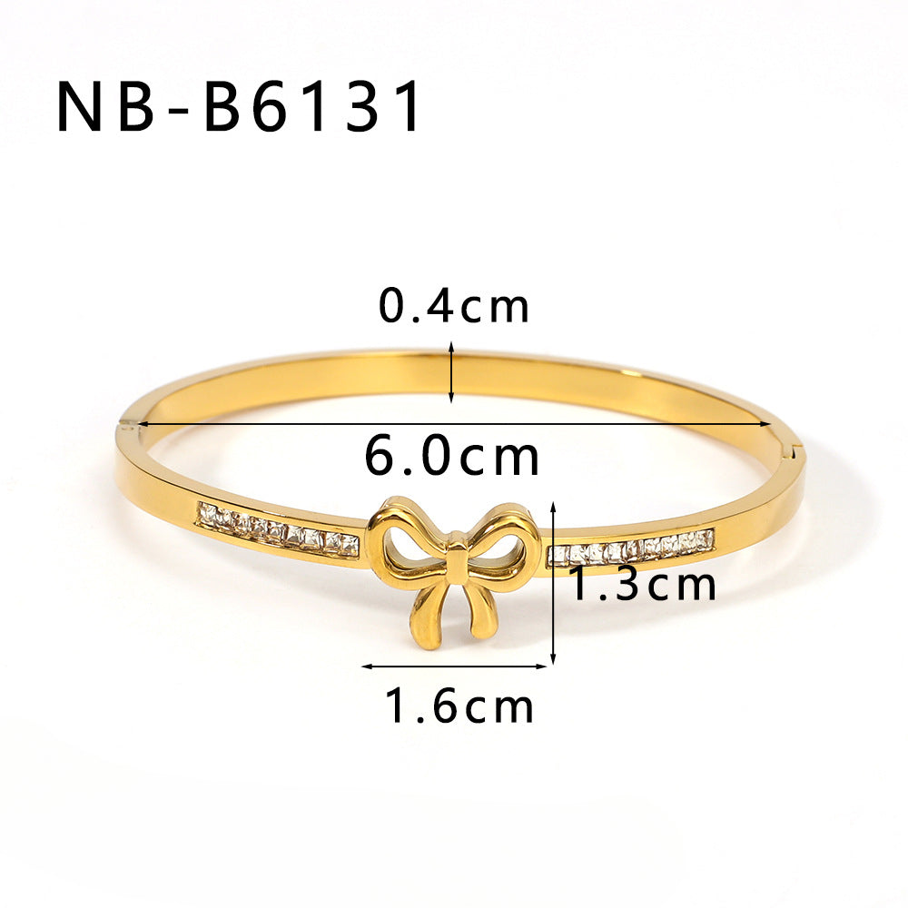 Wholesale Bow Inlaid Zircon Asymmetric Stainless Steel 18k Gold Plated Buckle Bracelet ACC-BT-XinY028