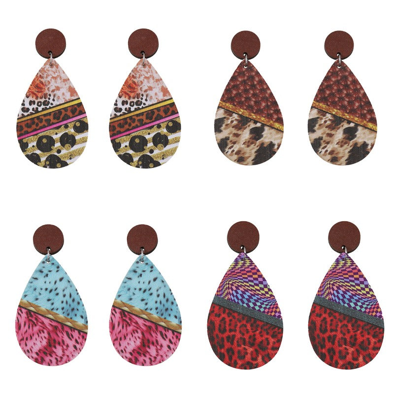 Wholesale Western Style Colorful Leopard Zebra Leather Wood Piece Stitching Earrings ACC-ES-ChuLian136