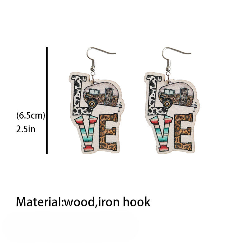 Wholesale 2 pairs/pack Western Style Camping Cow Print Leopard Print Aztec Wooden Earrings ACC-ES-HY001