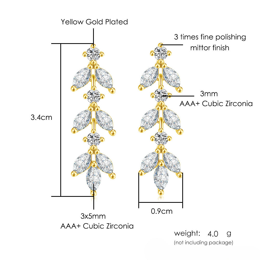 Wholesale Zircon Long Leaf Copper Earrings