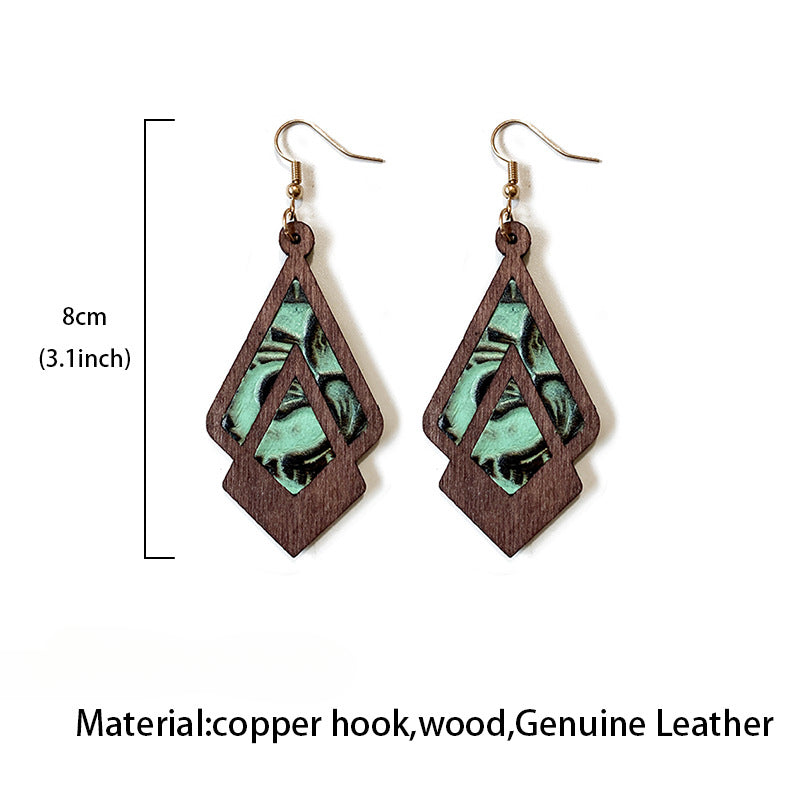 Wholesale Vintage Western Cowhide Embossed Inlaid Wood Earrings ACC-ES-XinChuan070