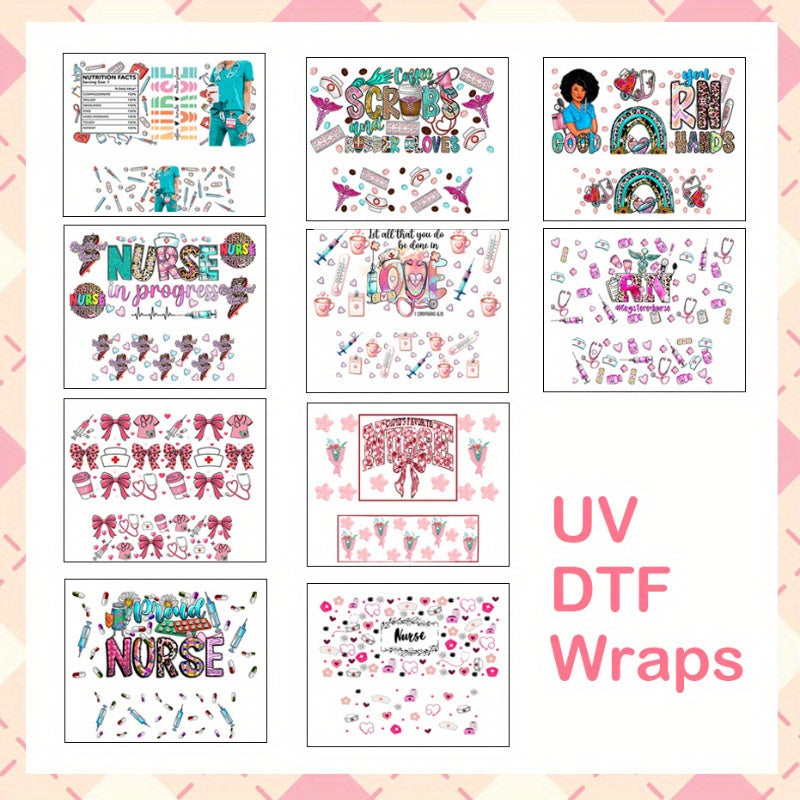 10pcs UV DTF Wraps Rub on Transfer Stickers 10 Style Nurse Themes for Mini Tumbler Cup Keychains Accessories DIY Gift Cup Sticker Gift