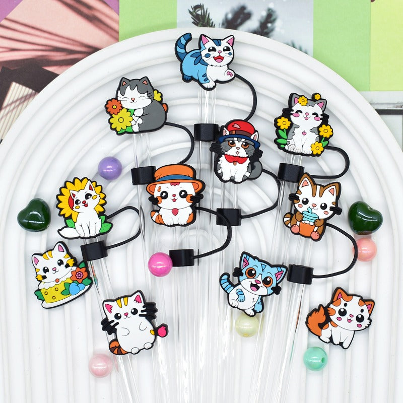 Wholesale Random 100pcs Cute Cat Series 10mm PVC Soft Straw Tube Cap  ACC-SCR-RYY110