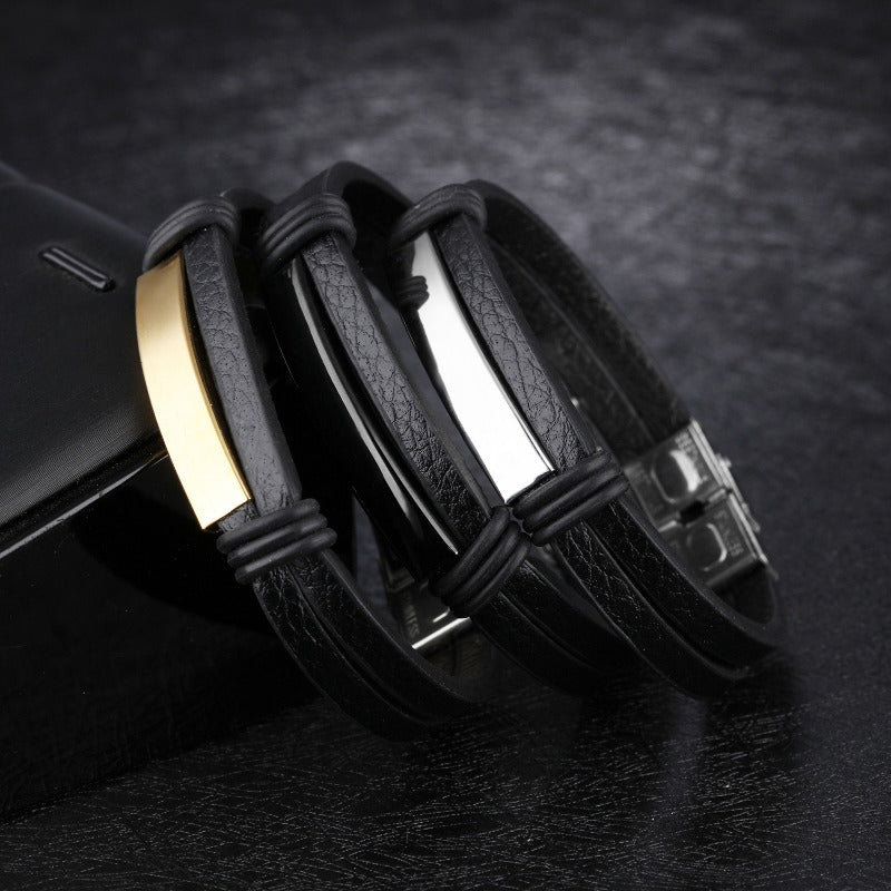 Wholesale Fashion Black Stainless Steel Men's Leather Bracelets ACC-BT-OPK005