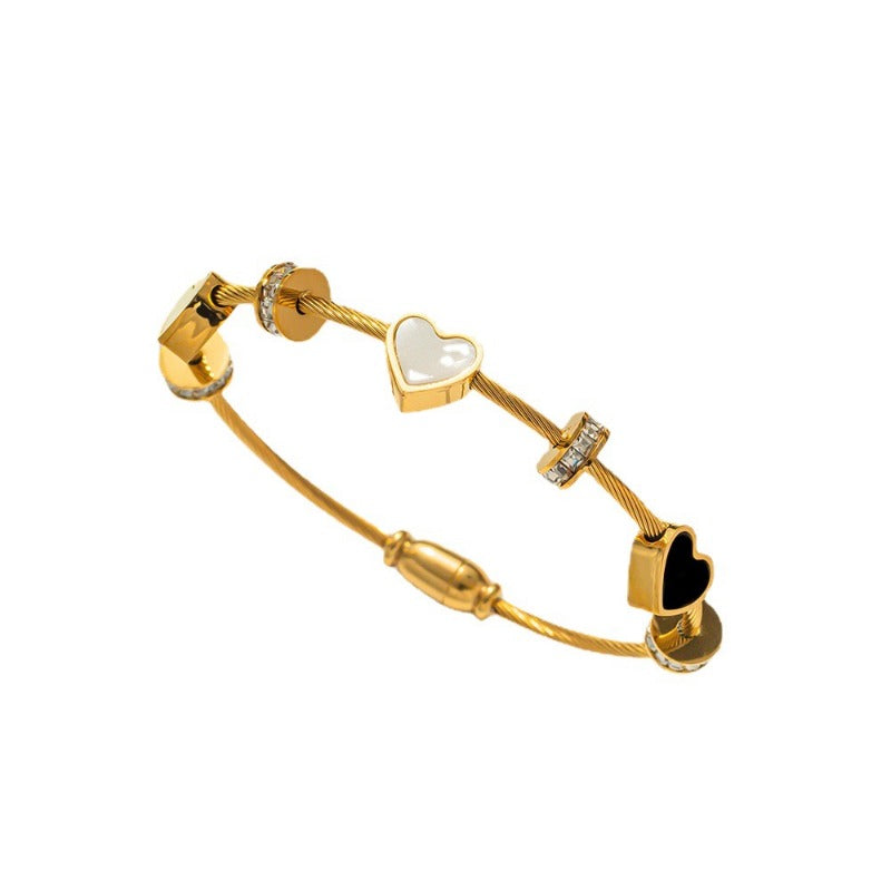 Wholesale Titanium Steel Double Heart Micro Inlaid Zircon Gold Bracelet ACC-BT-NaBao006