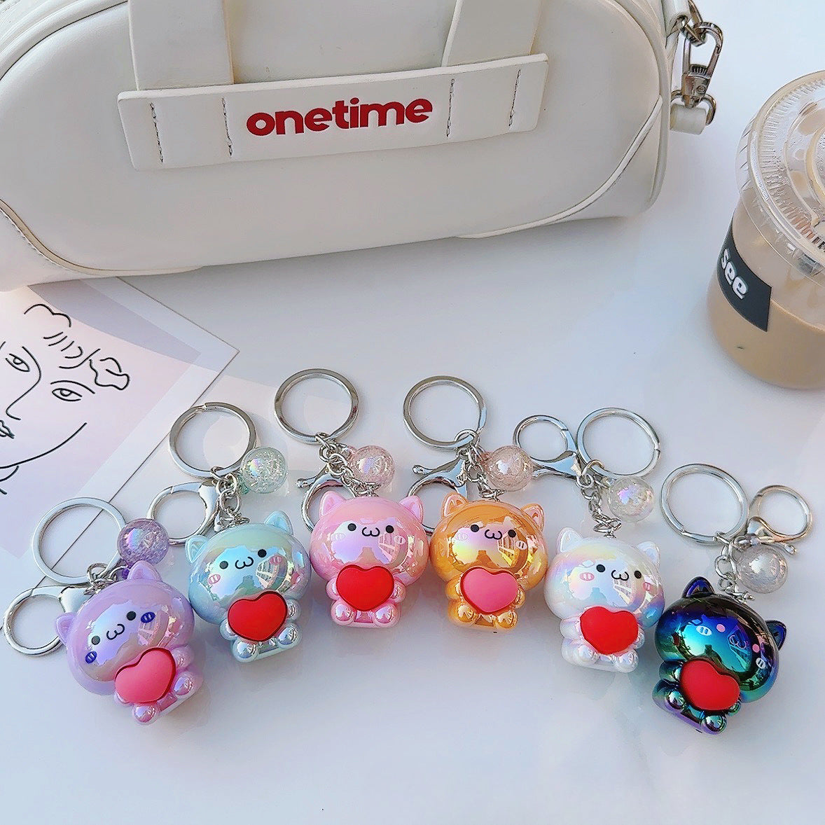 Wholesale Creative Keychain Cartoon Acrylic Care Bear Colorful Electroplating Keychain ACC-KC-WenChuan002