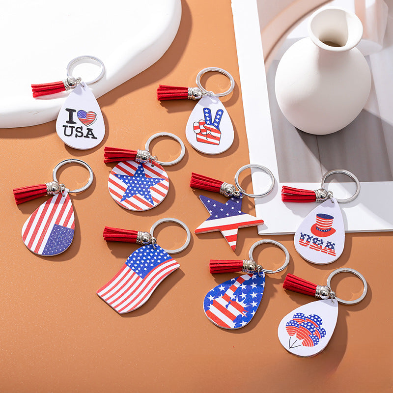 Wholesale American Flag Independence Day PU Leather Keychain Water Drop Five-Pointed Star Pendant ACC-KC-Yongz001
