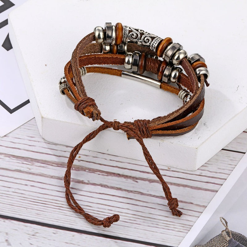 Wholesale Feather Hook Beaded Braided Leather Bracelet Black Men's Bracelet ACC-BT-HanSJ003