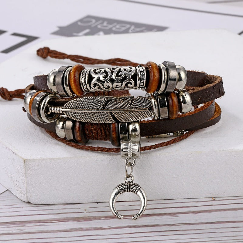 Wholesale Feather Hook Beaded Braided Leather Bracelet Black Men's Bracelet ACC-BT-HanSJ003