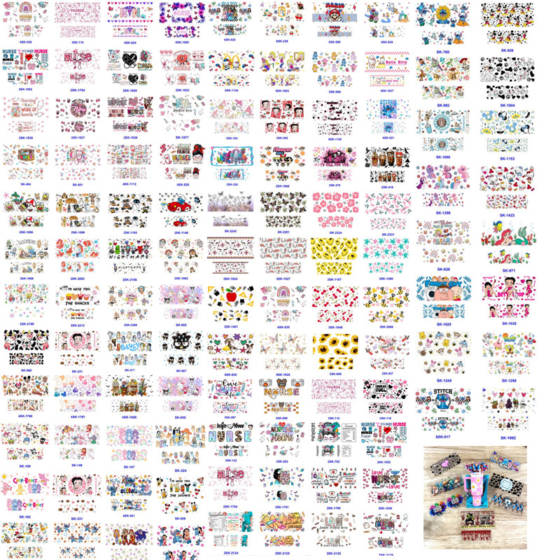 Wholesale Mix 16pcs Cartoon UV DTF Cup Wraps for Mini Tumbler Cup Keychains Accessories DIY Gift Cup Sticker Gift ACC-UDW-OSM020