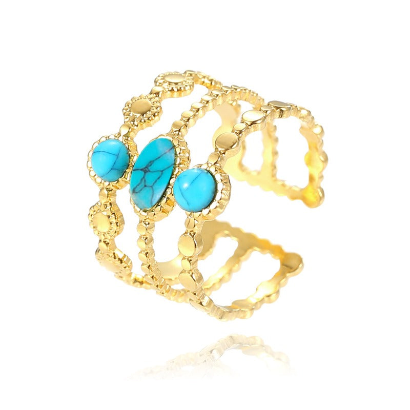 Wholesale Gold Plated Turquoise Bamboo Stainless Steel Open Ring ACC-RS-MiYi008