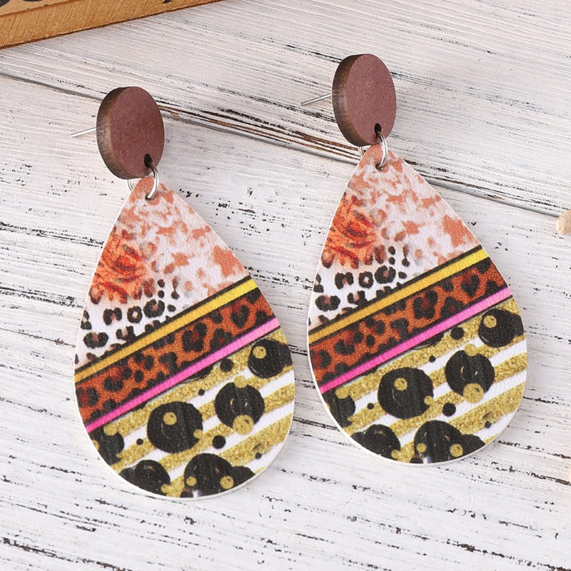 Wholesale Western Style Colorful Leopard Zebra Leather Wood Piece Stitching Earrings ACC-ES-ChuLian136