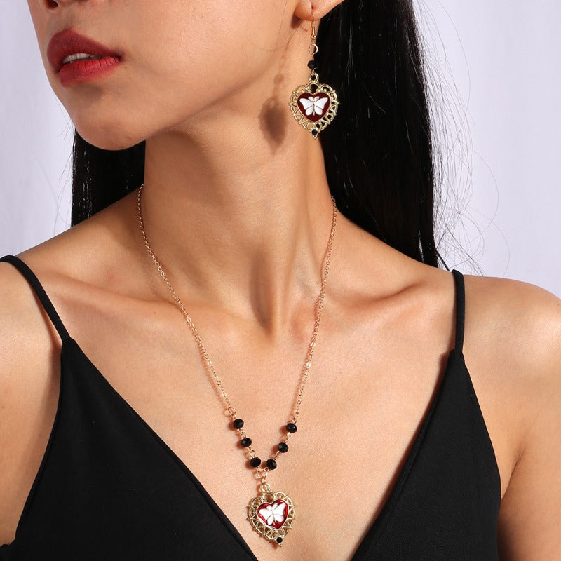 Wholesale Dark Hollow Love Heart Butterfly Pendant Necklace Earrings Set ACC-NE-YueSen020