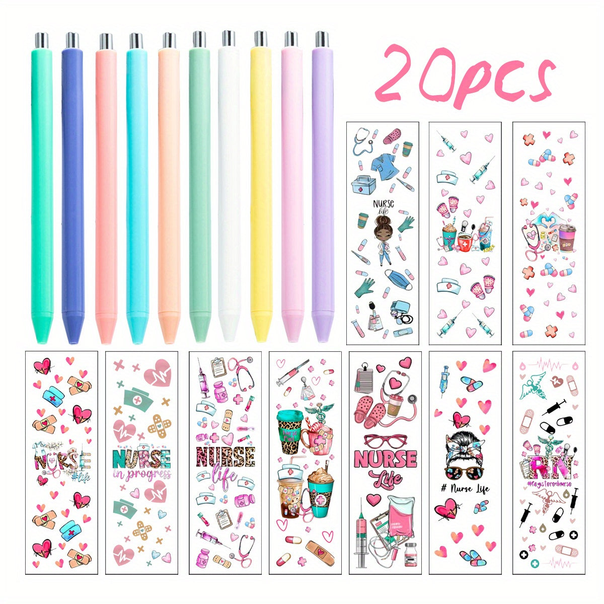 20pcs/40pcs Plastic Ballpoint Pen and Nurse UV DTF Pen Wraps Set for Appreciation Gifts Labor and Delivery Assistant Student Coworkers