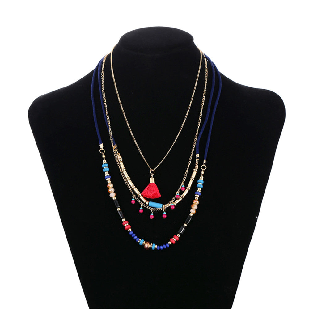 Wholesale Bohemian Style Multi-layered Rice Bead Chain Tassel Pendant Necklaces ACC-NE-ZhuJi006
