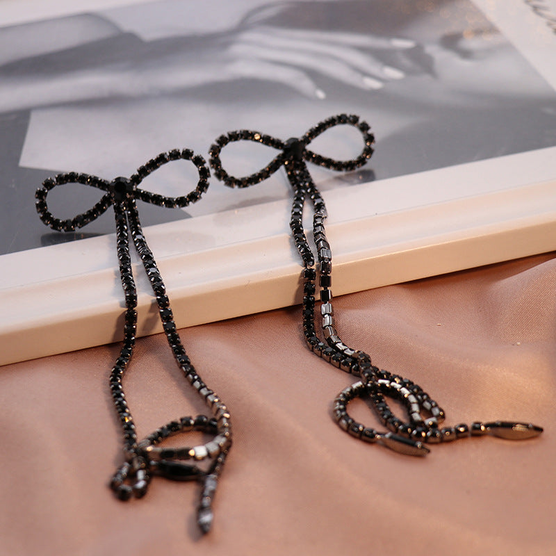 Wholesale  Black Flash Diamond Bow Simple Line Super Long Earrings