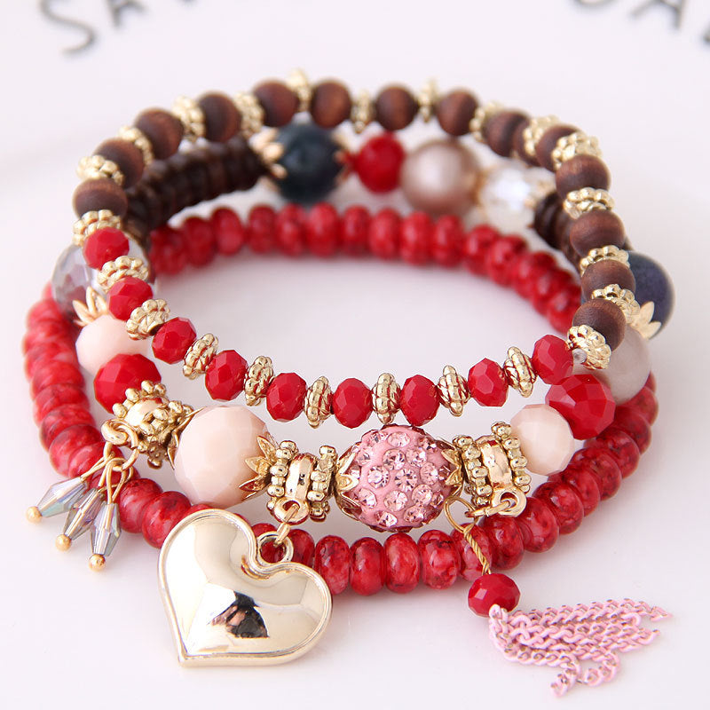 Wholesale Peach Heart Tassel Ball Bead Love Bracelet Retro Multi-piece Set Ethnic Style Hand Jewelry ACC-BT-Weiy028
