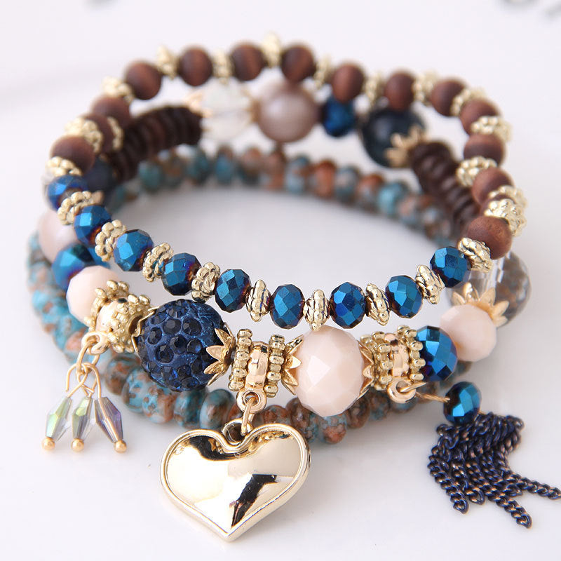 Wholesale Peach Heart Tassel Ball Bead Love Bracelet Retro Multi-piece Set Ethnic Style Hand Jewelry ACC-BT-Weiy028