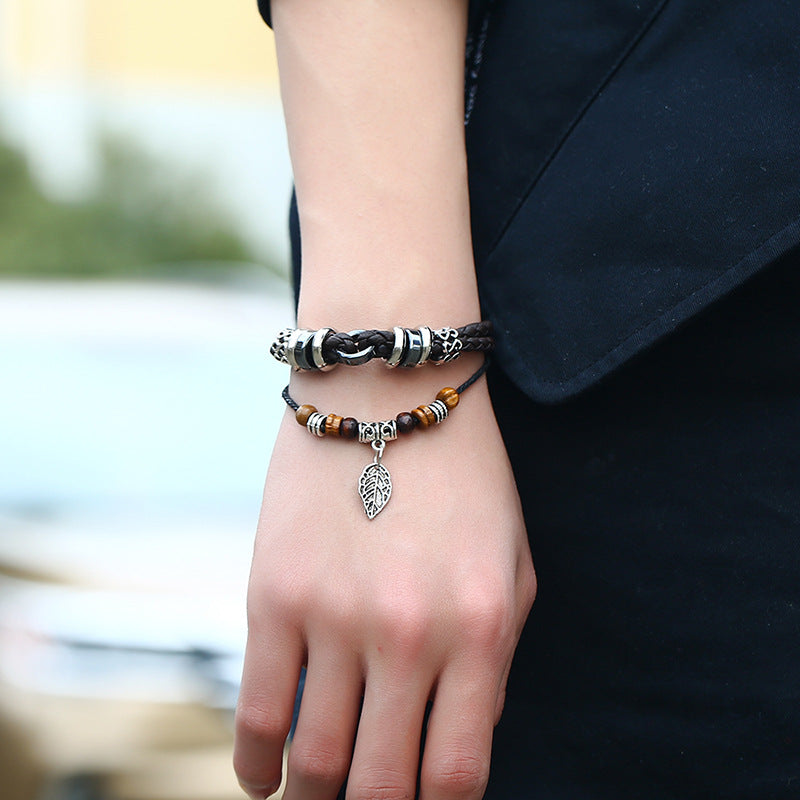 Wholesale Multi-layer Braided Leaves Pendant Men's Bracelets Leather Bracelets Layered Bracelet Set ACC-BT-PK017
