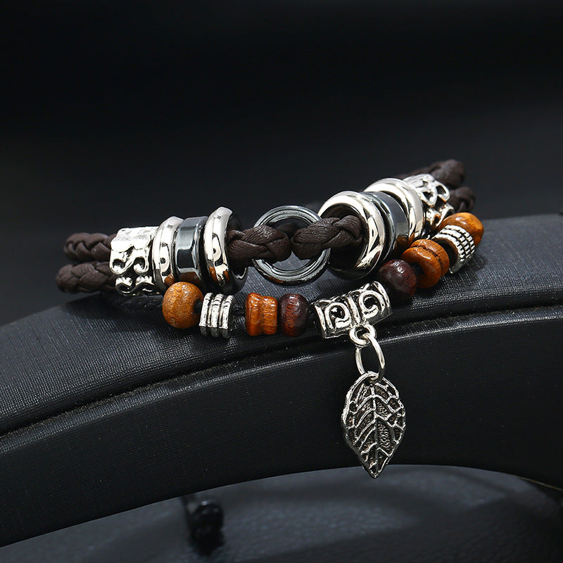 Wholesale Multi-layer Braided Leaves Pendant Men's Bracelets Leather Bracelets Layered Bracelet Set ACC-BT-PK017