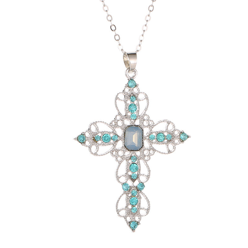 Wholesale Bohemian Hollow Rhinestone Cross Necklace Alloy Electroplated Choker Jewelry Gift