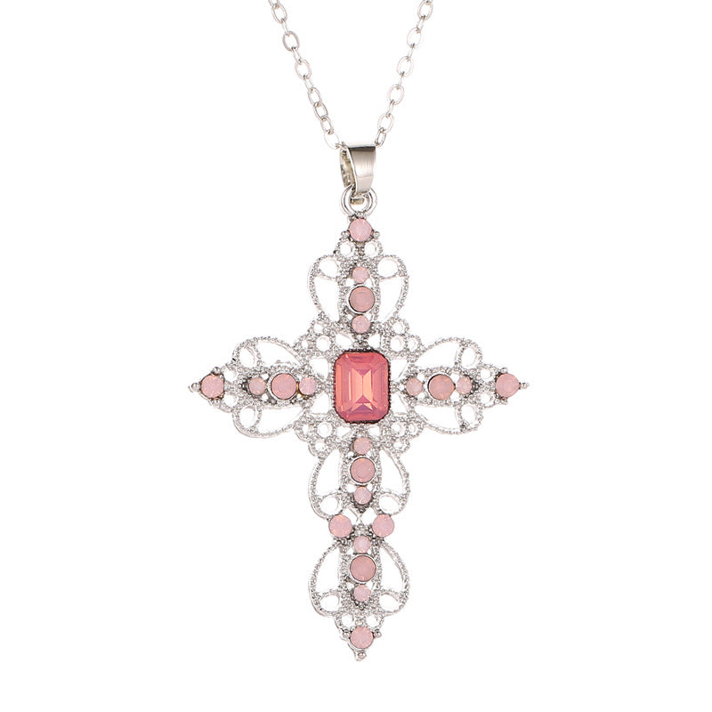 Wholesale Bohemian Hollow Rhinestone Cross Necklace Alloy Electroplated Choker Jewelry Gift
