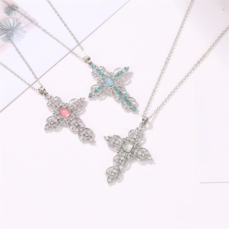 Wholesale Bohemian Hollow Rhinestone Cross Necklace Alloy Electroplated Choker Jewelry Gift