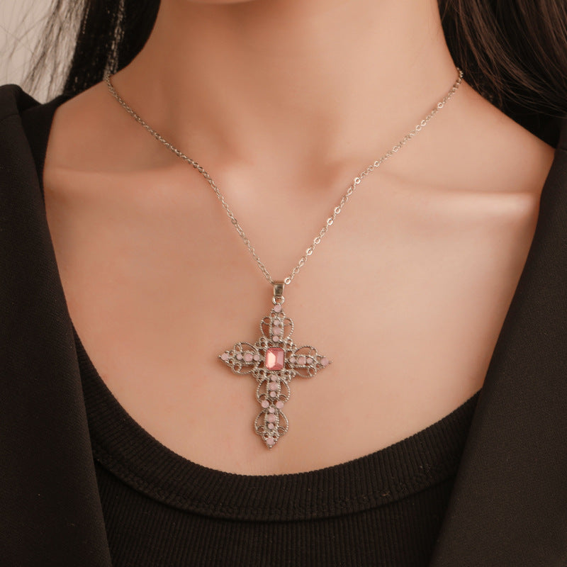 Wholesale Bohemian Hollow Rhinestone Cross Necklace Alloy Electroplated Choker Jewelry Gift