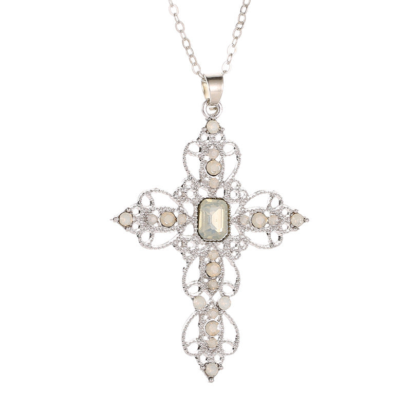 Wholesale Bohemian Hollow Rhinestone Cross Necklace Alloy Electroplated Choker Jewelry Gift