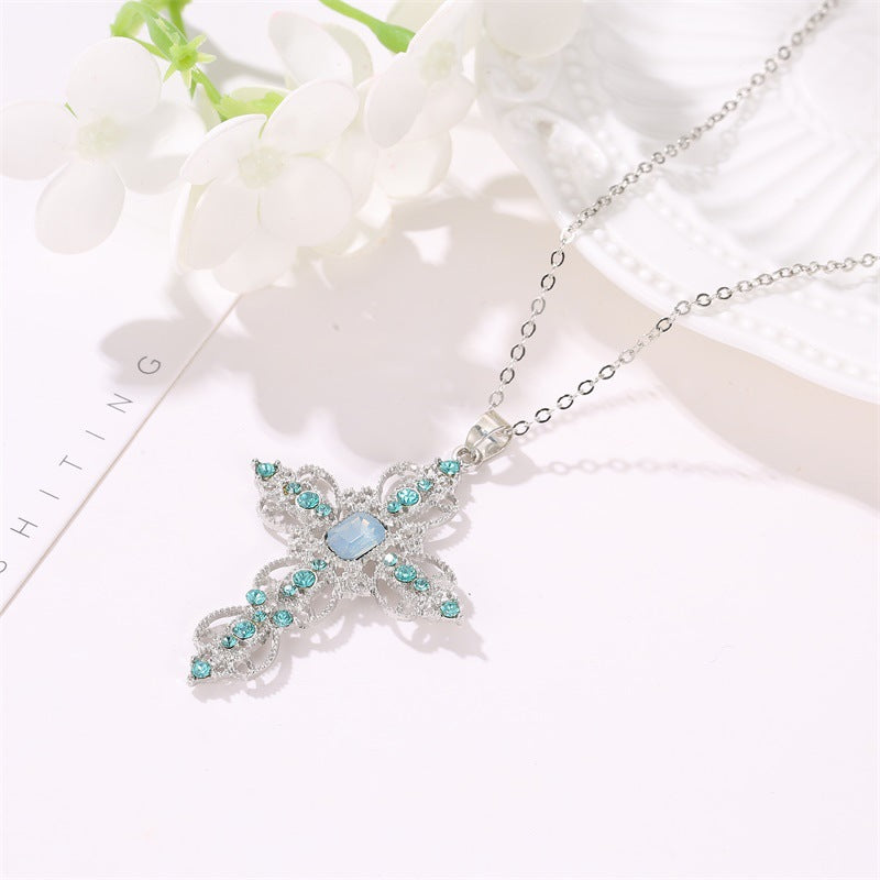 Wholesale Bohemian Hollow Rhinestone Cross Necklace Alloy Electroplated Choker Jewelry Gift
