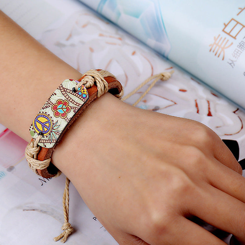 Wholesale Vintage Peace Sign Braided Leather Bracelet Unisex Handmade Fashion Accessory