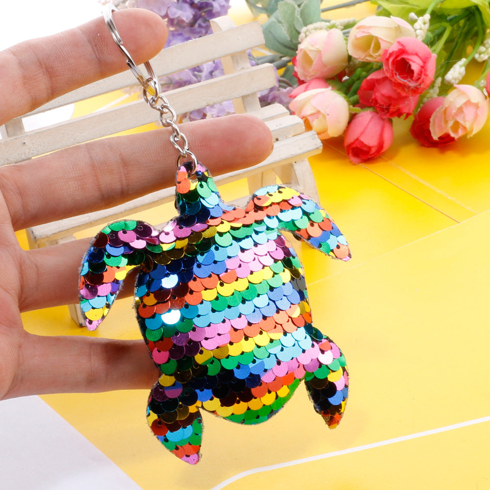 Wholesale Creative Double-Sided Reflective Turtle Keychain PET Fish Scale Sequin Bag Pendant Car Gift Source Factory ACC-KC-DY002