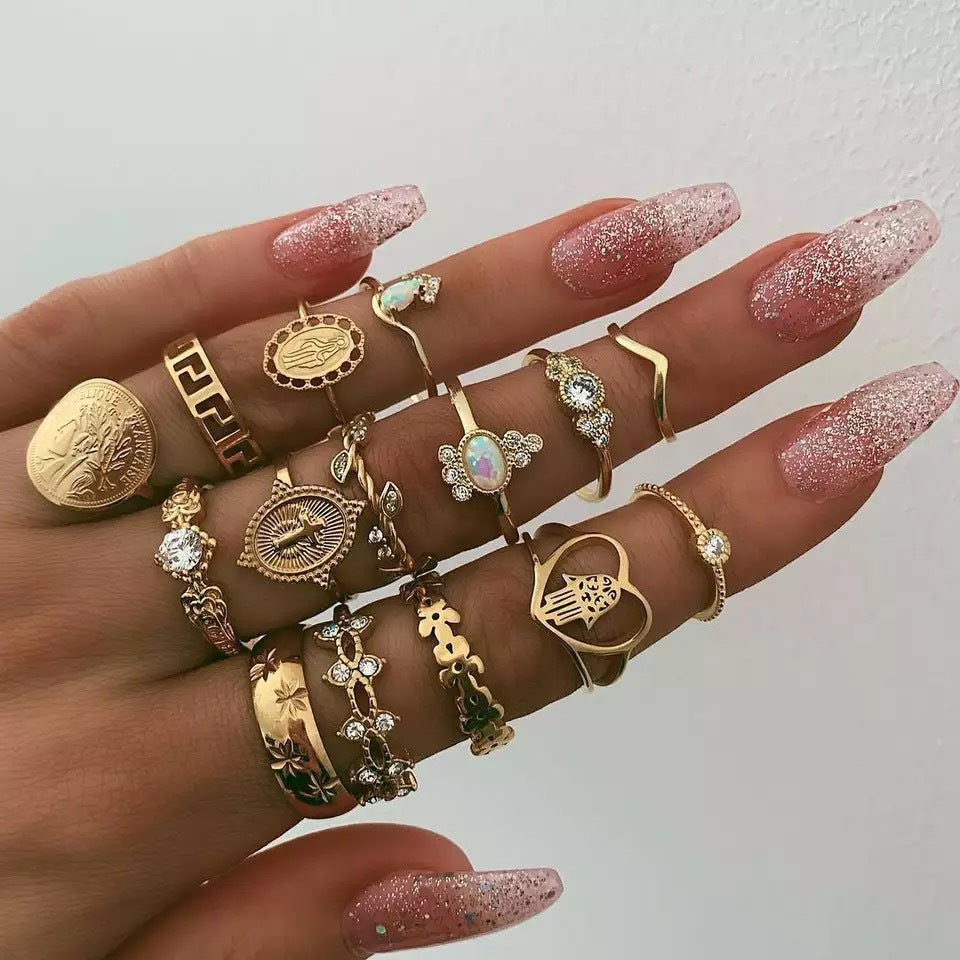 Wholesale Vintage diamond-encrusted cross and flower ring set ( 15 pieces)