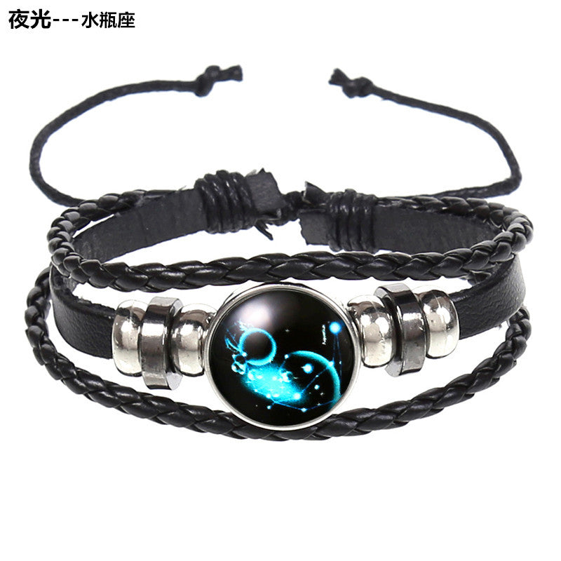 Wholesale 12 Constellations Multi-layered Luminous Punk Leather Starry Sky Bracelet Layered Bracelet Set Titanium Steel ACC-BT-Saih005