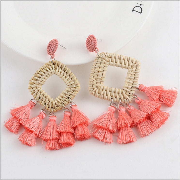 Wholesale Retro Exaggerated Bohemian Rattan Raffia Tassel Vintage Earrings ACC-ES-Boman001