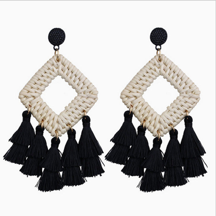 Wholesale Retro Exaggerated Bohemian Rattan Raffia Tassel Vintage Earrings ACC-ES-Boman001