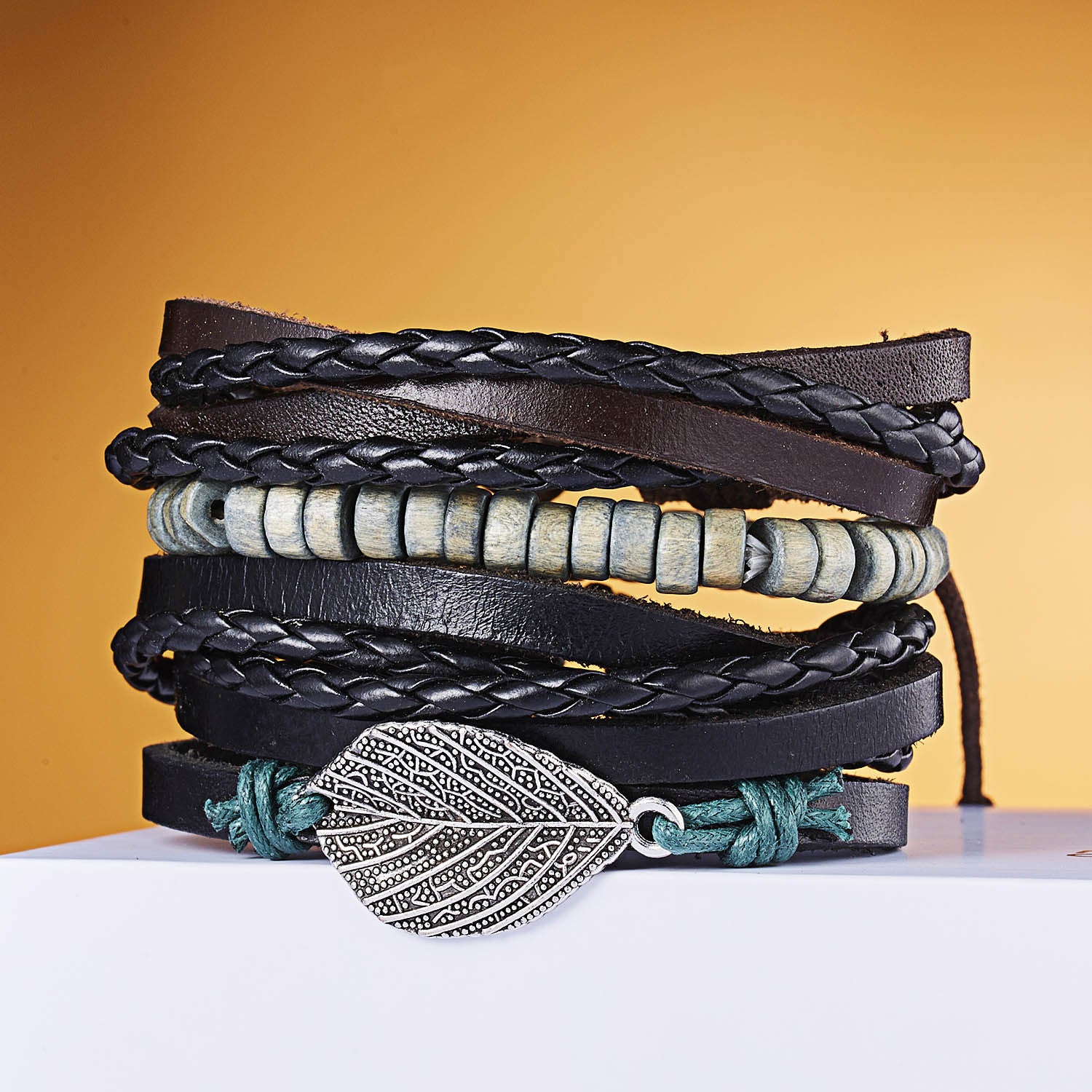 Wholesale Creative Leaf Wooden Beads Braided Leather Adjustable Bracelet Set ACC-BT-YingHao004