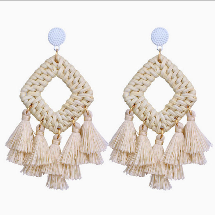 Wholesale Retro Exaggerated Bohemian Rattan Raffia Tassel Vintage Earrings ACC-ES-Boman001