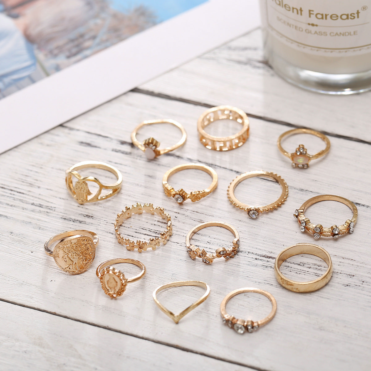 Wholesale Vintage diamond-encrusted cross and flower ring set ( 15 pieces)