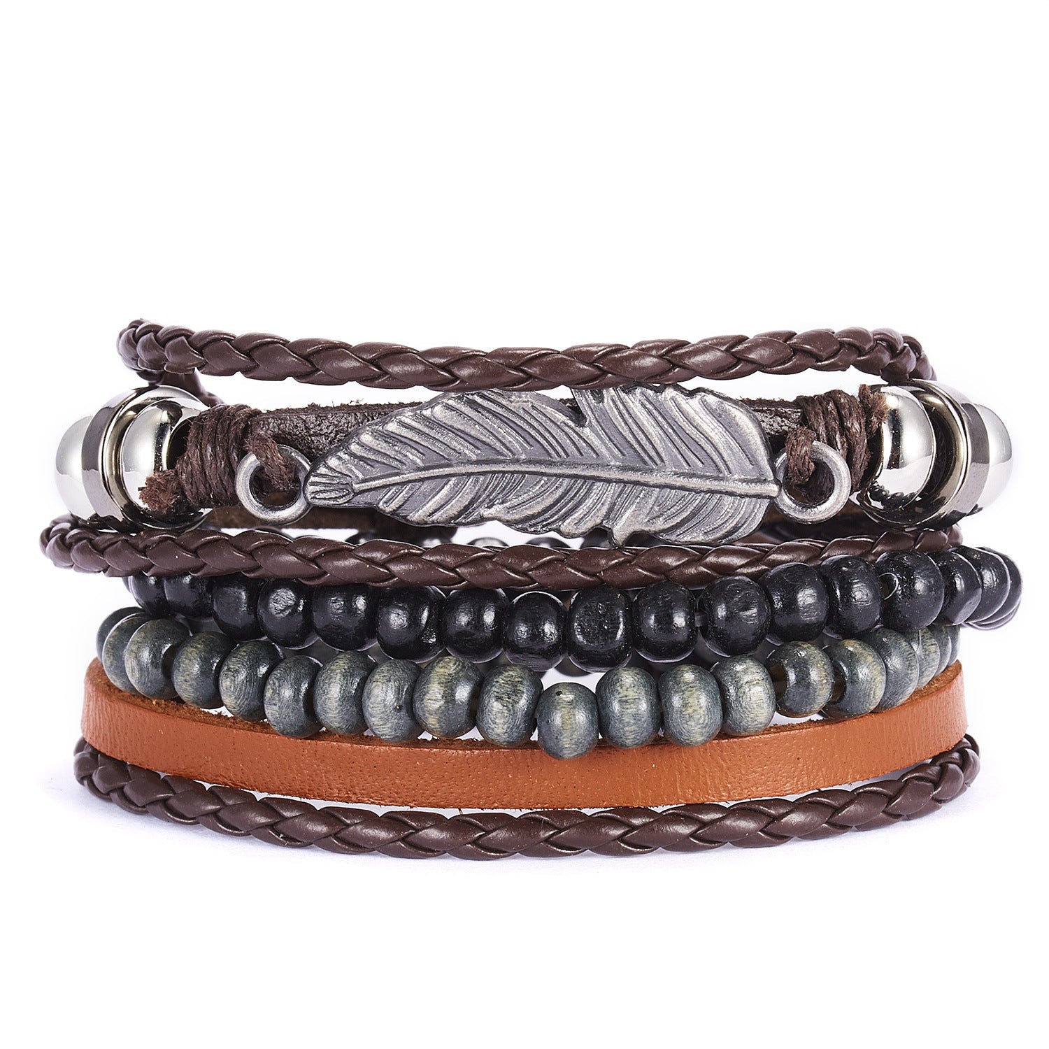 Wholesale  men's leather set bracelet creative leaves wooden beads  adjustable  bracelet