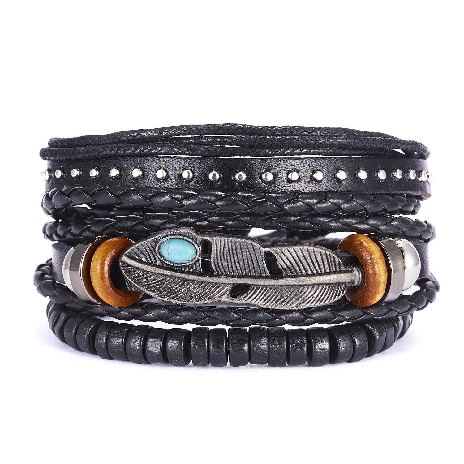 Wholesale Creative Leaf Wooden Beads Braided Leather Adjustable Bracelet Set ACC-BT-YingHao004