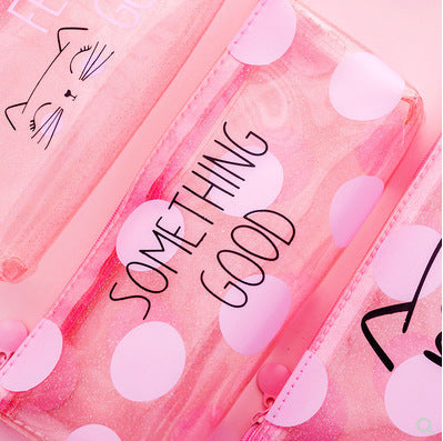 Wholesale heart pink transparent cat pencil  bag