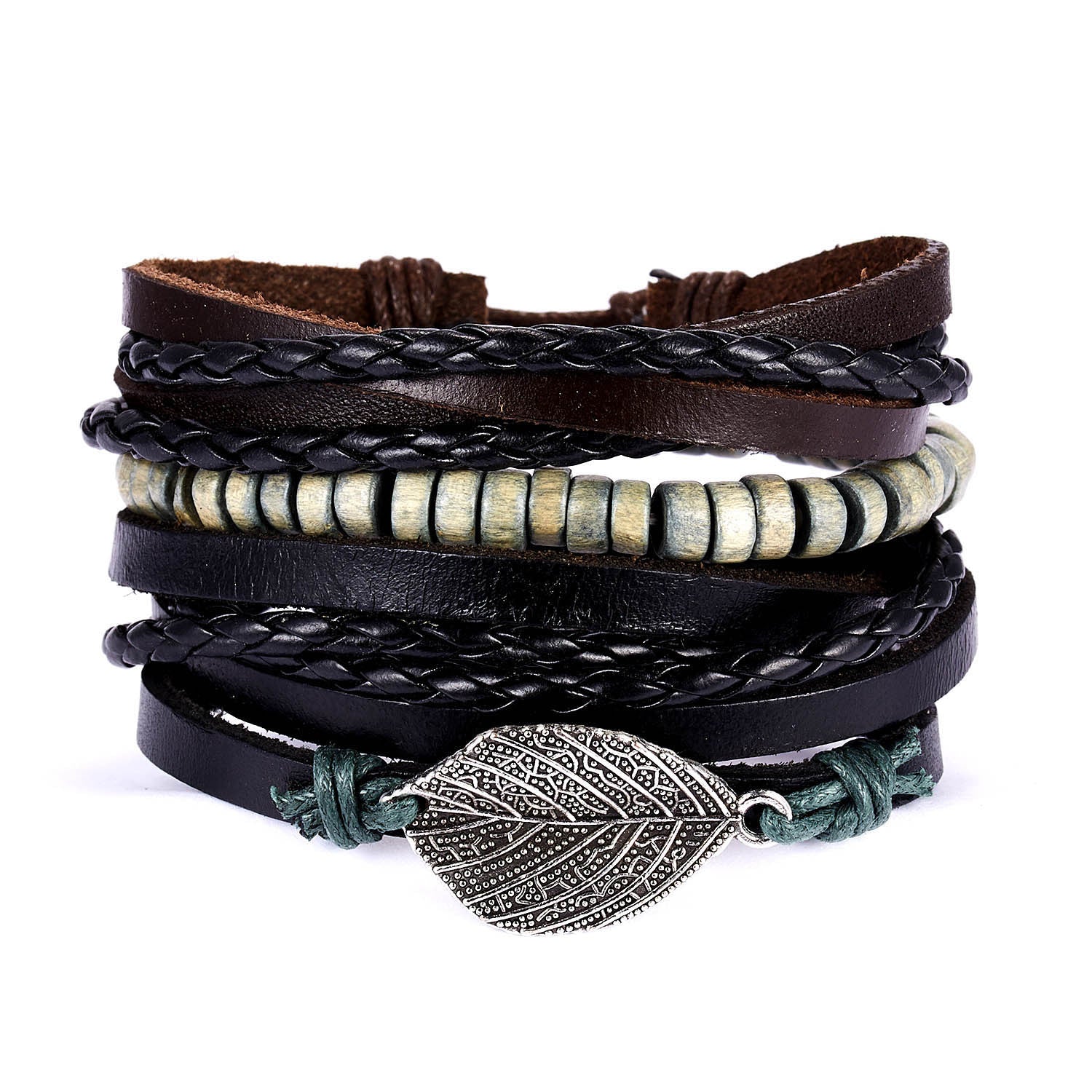 Wholesale Creative Leaf Wooden Beads Braided Leather Adjustable Bracelet Set ACC-BT-YingHao004
