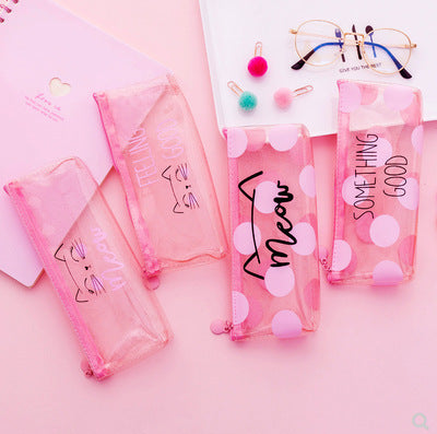 Wholesale heart pink transparent cat pencil  bag