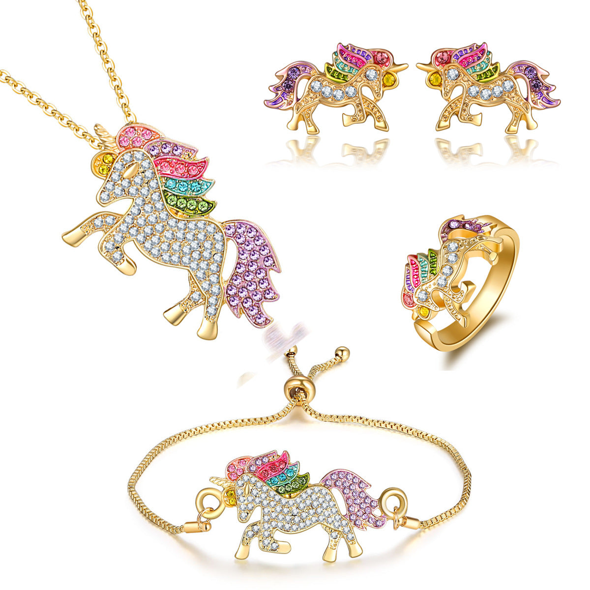 Wholesale  unicorn Necklace Bracelet Earrings Ring Set