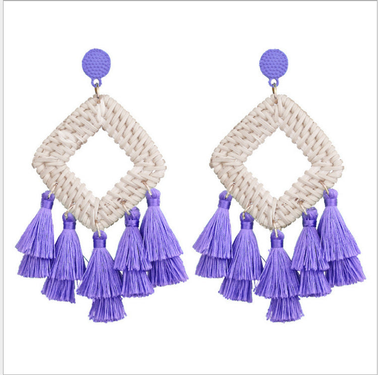 Wholesale Retro Exaggerated Bohemian Rattan Raffia Tassel Vintage Earrings ACC-ES-Boman001
