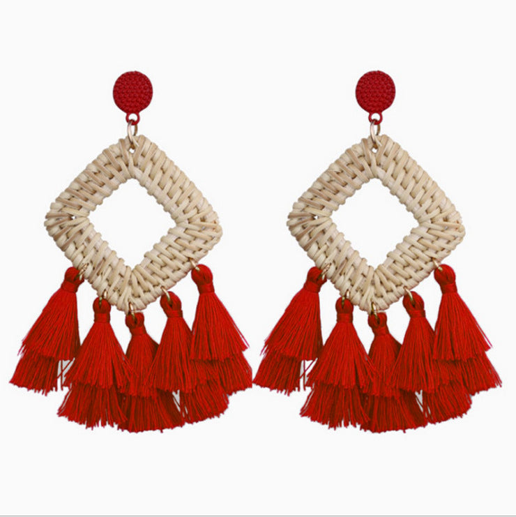 Wholesale Retro Exaggerated Bohemian Rattan Raffia Tassel Vintage Earrings ACC-ES-Boman001
