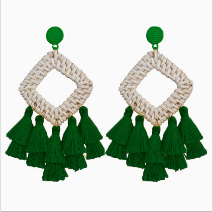 Wholesale Retro Exaggerated Bohemian Rattan Raffia Tassel Vintage Earrings ACC-ES-Boman001